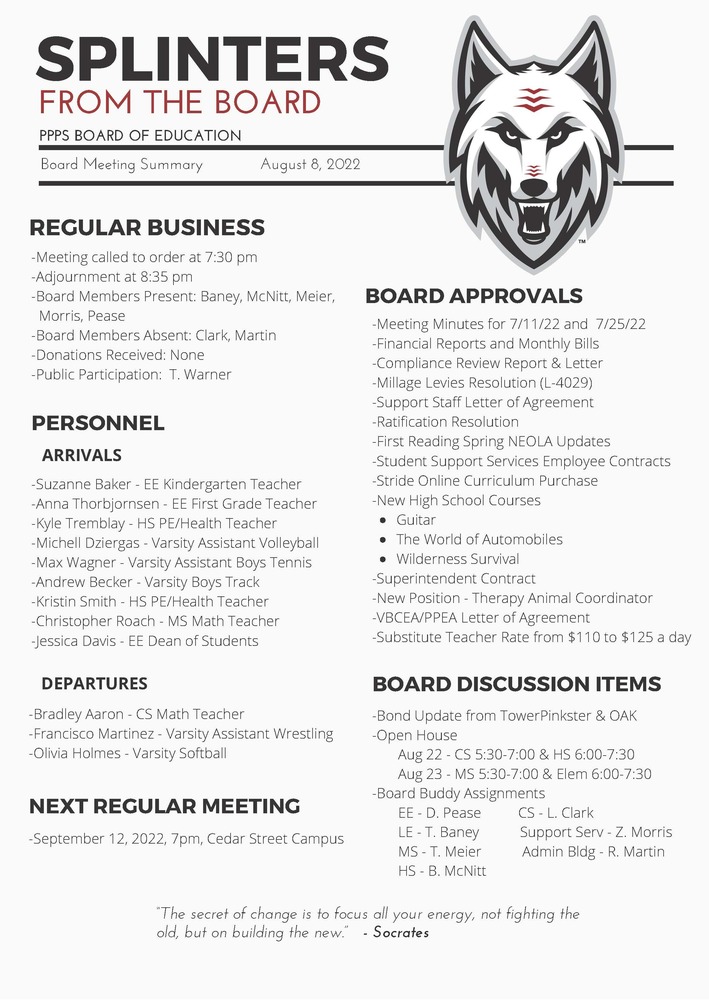 Summary of August Board Meeting