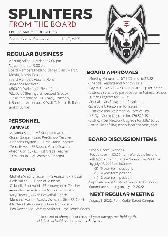 Summary of July 2022 Board Meeting