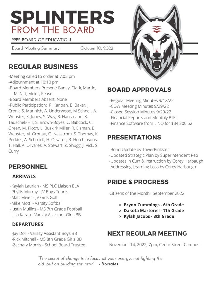 Summary of the October Board of Education Meeting