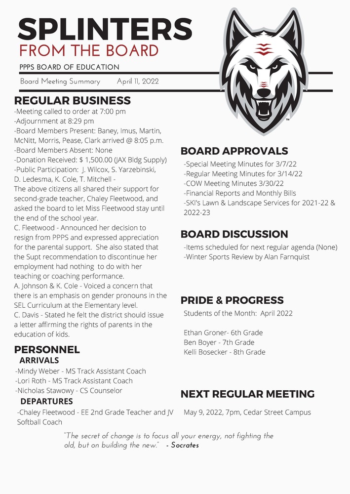 April Board Meeting Summary