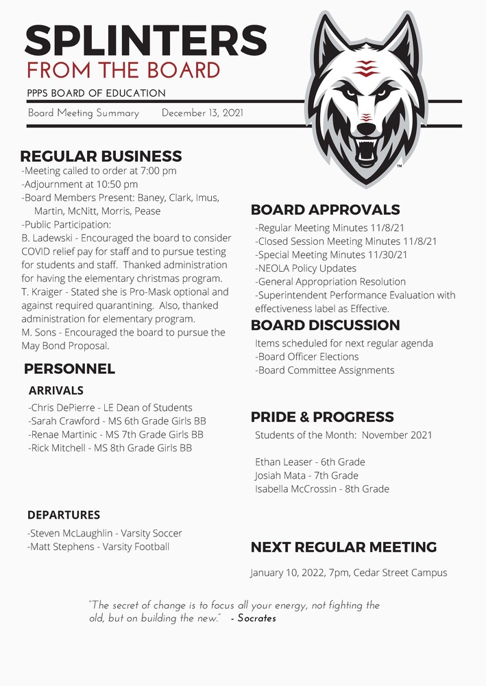 Splinters from the board. Board meeting summary.