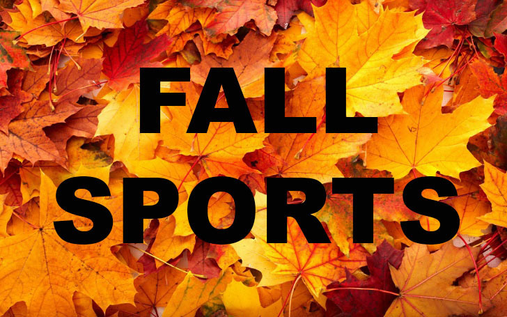 Fall Sports in black Block letters with a background of fall leaves