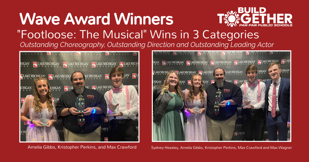 wave award winners. Footloose: the musical wins in 3 categories, outstanding choreography, musical direction and leading actor. Kristofer Perkins 10:32 AM (25 minutes ago) to me  3 person photo left to right Amelia Gibbs chorus member and Dance Captain accepted the Choreography Award on behalf of Sophia Marie Louden, Kris Perkins for Best Direction Max Crawford Outstanding Leading Actor.  5 Person Sydney Heasley Pit Conductor Amelia Gibbs, Kris Perkins, Max Crawford Max Wagner Music Director 