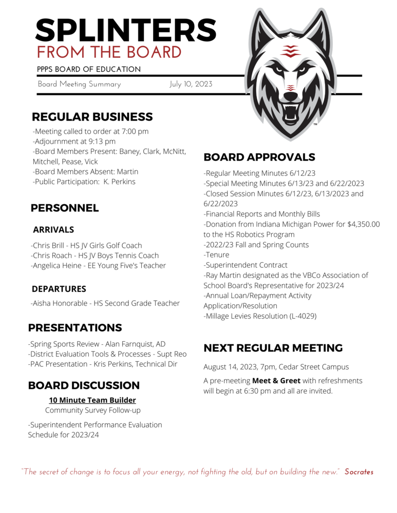 ​On behalf of the Board of Education we are pleased to provide these quick summaries of our meetings for review. Full minutes will continue to be posted on the PPPS site once approved by the Board.  PPPS Board of Education - Board Meeting Summary  July 10, 2023  Regular Business  Meeting called to order at 7:00 pm Adjournment at 9:13 pm Board Members Present: Baney Clark McNitt Mitchell Pease Vick Board Members Absent: Martin Public Participation: K.Perkins Board Approvals  Regular Meeting Minutes 6/12/23 Special Meeting Minutes 6/13/23 and 6/22/23 Closed Session Minutes 6/12/23, 6/13/23 and 6/22/23 Financial Reports and Monthly Bills Donation from Indiana Michigan Power for $4,350.00 to the HS Robotics Program​ 2022/23 Fall and Spring Counts​ Tenure​ Superintendent Contract ​Ray Martin designated as the VBCo Association of School Board's Representative for 2023/24 Annual Loan/Repayment Activity Application/Resolution Millage Levies Resolution (L-4029)​​​ Personnel  Arrivals Chris Brill - HS JV Girls Golf Coach​ Chris Roach - HS JV Boys Tennis Coach​ Angelica Heine - EE Young Five's Teacher Departures Aisha Honorable - HS Second Grade Teacher​ Board Discussion  10 Minute Team Builder Community Survey Follow-up ​Superintendent Performance Evaluation Schedule for 2023/24​ Presentations  Spring Sports Review - Alan Farnquist, Athletic Director​ District Evaluation Tools & Processes - Superintendent Reo ​PAC Presentation - Kris Perkins, Technical Director Next Regular Meeting(please note the date change)  August 14, 2023, 7pm, Cedar Street Campus A pre-meeting Meet & Greet with refreshments will begin at 6:30pm and all are invited. "The Secret of change is to focus all your energy, not fighting the old, but on building the new."  - Socrates