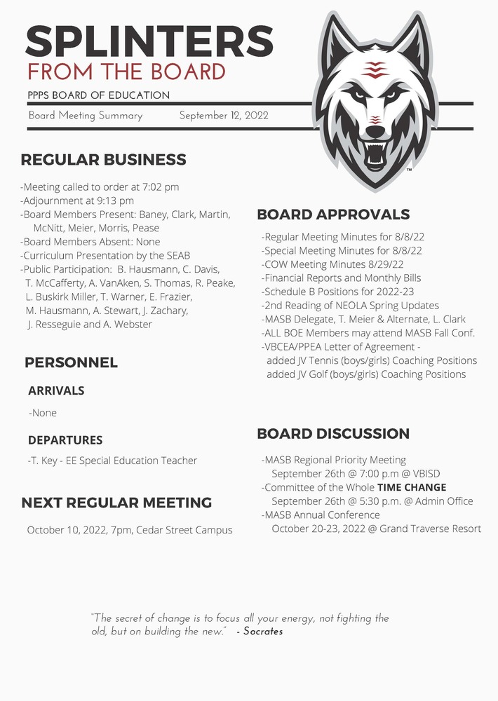 Summary of September Board Meeting
