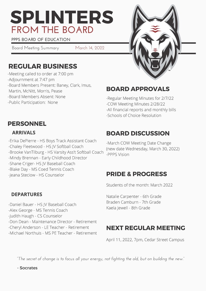 Board meeting summary