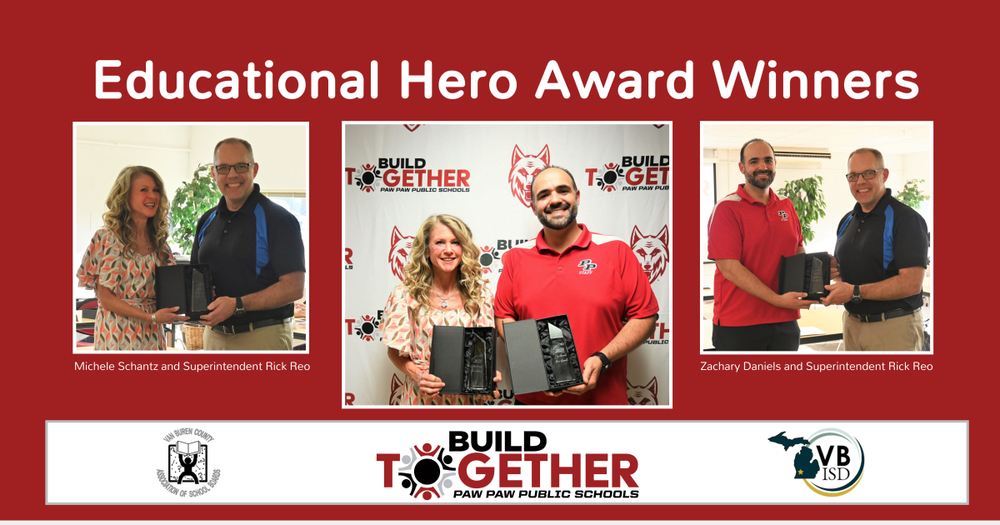 ed hero award winners. teachers holding awards standing next to each other and superintendent. VBISD logo, Build Together Logo., VB