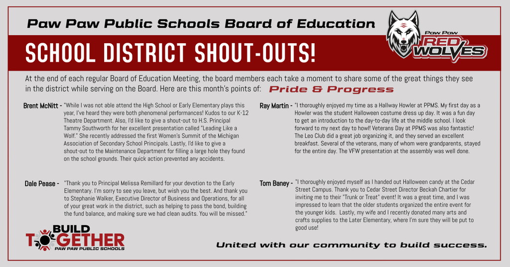 District shout-outs from the Board of Education, congratulating good things around the district.