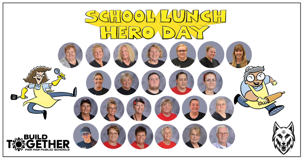 school lunch hero day, build together logo, red wolf logo, clip art of food service workers