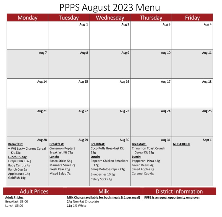 August breakfast and lunch calendar